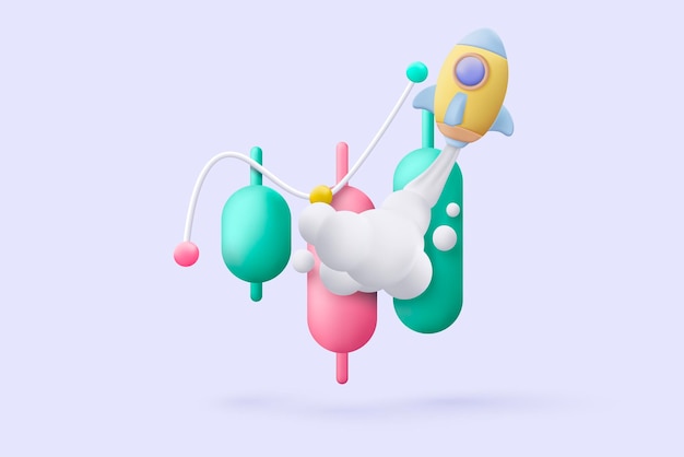 Gráfico de comercio de acciones 3D en el mercado en segundo plano Vender y comprar dinero en efectivo e intercambiar con el concepto de negocio financiero ganando inversión Icono de vector de comercio bancario 3d para la ilustración de renderizado de inversión