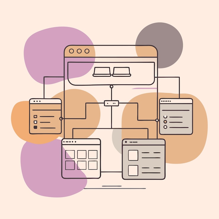 Vector un gráfico de una computadora con un diagrama de una página web con una imagen de una persona leyendo quot video q