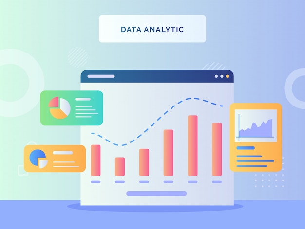 Gráfico de concepto analítico de datos en el fondo de la computadora del monitor del gráfico circular de piezas con estilo plano