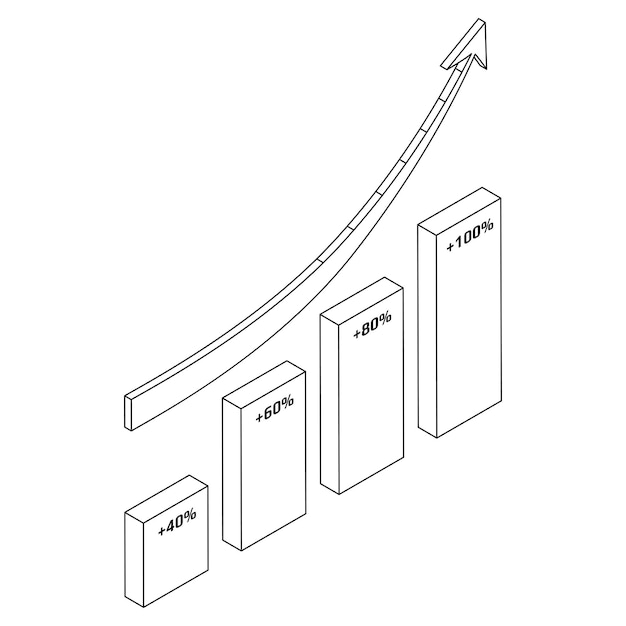 Gráfico y contorno isométrico de flecha hacia arriba aislado en blanco elemento de diseño