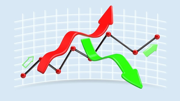 Gráfico de crecimiento Flecha comercial Gráfico de precios de acciones Diseño 3D realista Representación vectorial Cambio en el valor Comercio de intercambio Informe de ganancias anual y trimestral