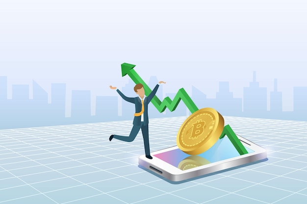 Gráfico de crecimiento de la inversión de ganancias en Bitcoin con un hombre inversionista feliz Exitoso y ganancia de dinero en la inversión en moneda criptográfica defi concepto de finanzas descentralizadas