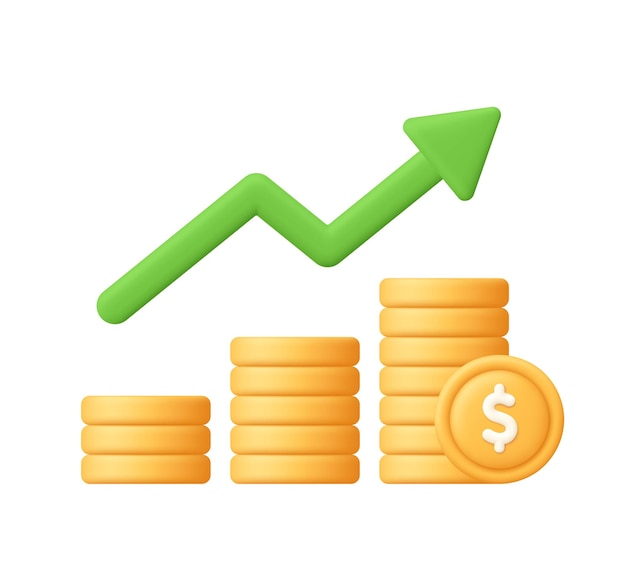 Gráfico de crecimiento de la pila de monedas con flecha creciente Capitales financieros icono vectorial 3D Estilo minimalista de dibujos animados
