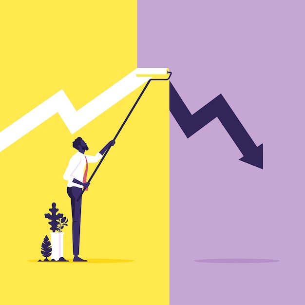 Gráfico de crecimiento de pintura de hombre de negocios con pintura de rodillo, resuelve el problema