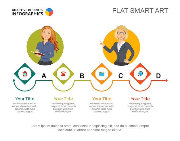 Gráfico de cuatro opciones de proceso. diagrama de paso, línea horizontal, plantilla de diapositiva.