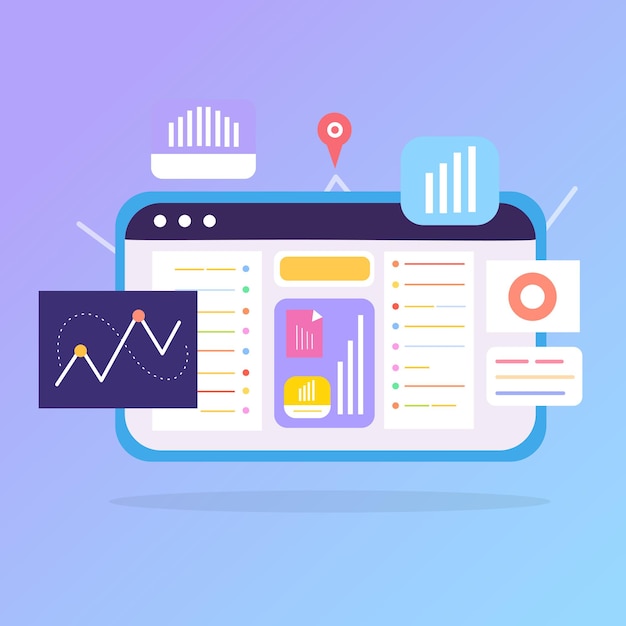 Vector gráfico de datos en la computadora portátil y el teléfono inteligente para el éxito de los recursos de datos comerciales modernos