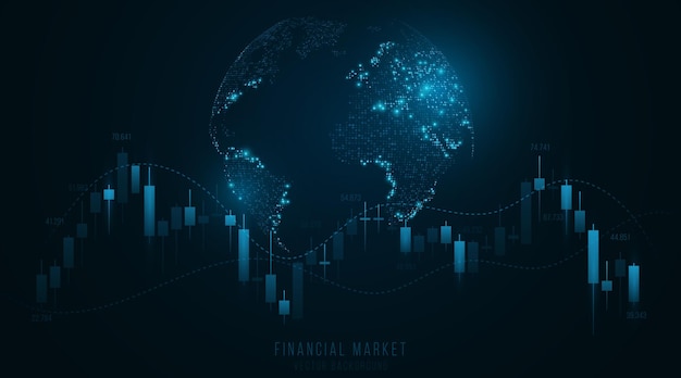 Gráfico de datos financieros de inversión con planeta brillante gráfico de comercio de inversión del mercado de valores mundial concepto de tecnología empresarial ilustración vectorial eps 10