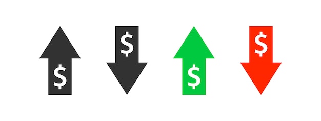 Gráfico de dólares arriba y abajo Disminución de la flecha del costo del dinero Inversión en divisas Precio de mercado Intercambio financiero Ilustración vectorial
