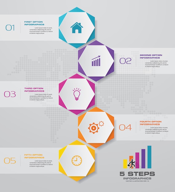 Gráfico de elementos de infografía de la línea de tiempo de 5 pasos para la presentación.