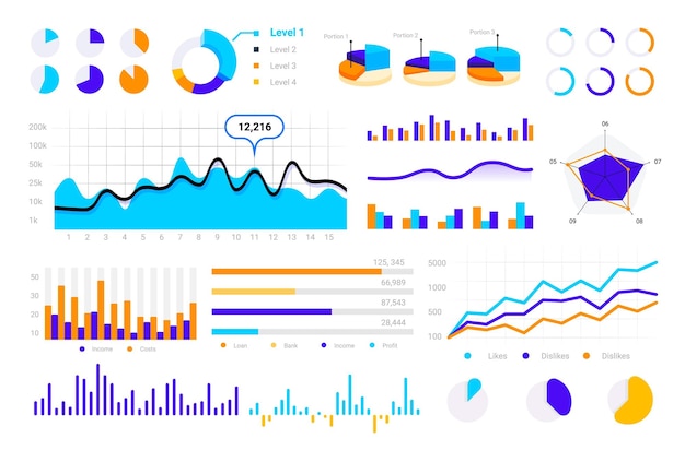 Gráfico estadístico barras gráficas gráficos circulares infográficos circulares diagramas de comparación de círculos elementos de presentación de negocios financieros conjunto de vectores de kit de visualización de información analítica