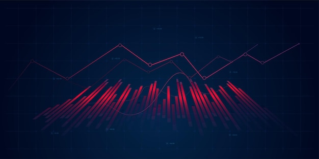 Gráfico financiero abstracto rojo con gráfico de línea de tendencia alcista y números en el mercado de valores en gradiente