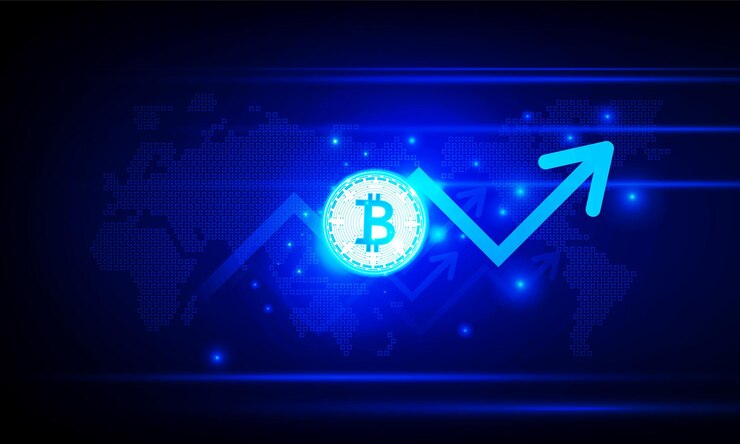 Vector gráfico financiero con flecha ascendente gráfico de criptomonedas bitcoin y mapa del mundo en el mercado de valores en fondo de color azul concepto de innovación diseño vectorial de fondo