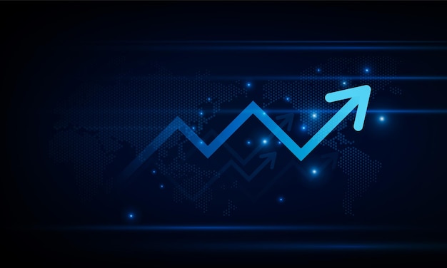 Gráfico financiero con gráfico de flecha hacia arriba y mapa del mundo en el mercado de valores en el diseño de vector de fondo de innovación de concepto de fondo de color azul