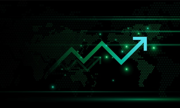 Gráfico financiero con gráfico de flecha hacia arriba y mapa del mundo en el mercado de valores en el diseño de vector de fondo de innovación de concepto de fondo de color azul