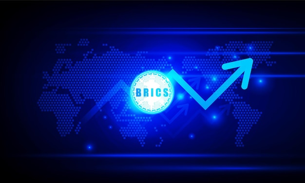 Gráfico financiero con el gráfico de flecha hacia arriba tecnología de criptomonedas de monedas brics y mapa mundial en el mercado de valores en el concepto de fondo de color azul diseño de vector de fondo de innovación