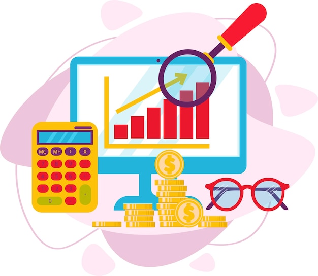 Un gráfico financiero en un monitor de computadora, visto a través de una lupa. Monedas, calculadora. Bolsa de valores, crecimiento financiero.