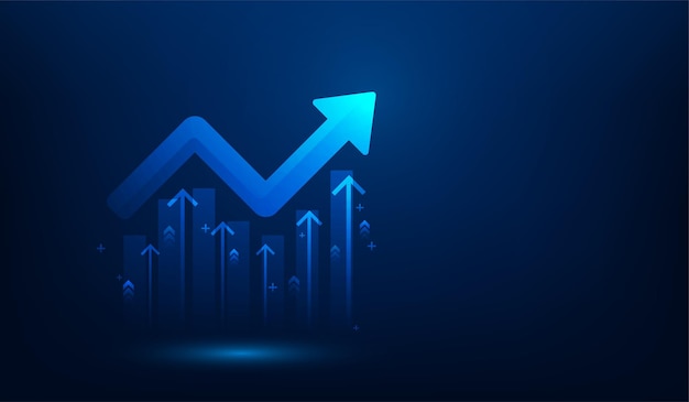 Vector gráfico de finanzas flecha arriba inversión en concepto de crecimiento de comercio de negocios de fondo oscuro azul