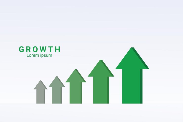 Vector un gráfico de flechas verdes que apuntan hacia arriba y las palabras crecen en la parte superior.