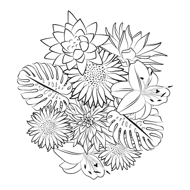 Vector gráfico floral exótico ramo tropical contorno boceto dibujo aislado en blanco ilustración vectorial flores de contorno negro plano terapia de arte para colorear plantilla de página de libro botánica flor