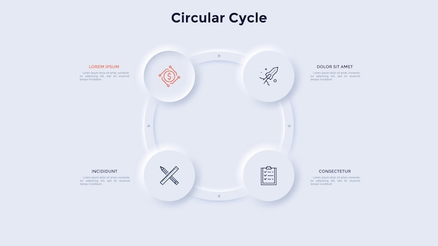 Gráfico en forma de anillo con 4 elementos circulares concepto de cuatro pasos del ciclo de fabricación plantilla de diseño infográfico neumórfico ilustración vectorial moderna para la visualización de procesos comerciales cíclicos