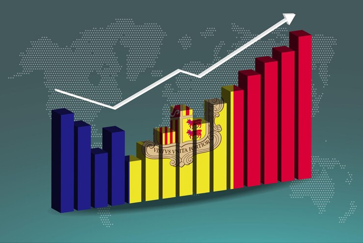 Vector gráfico de gráfico de barras 3d de andorra con altibajos valores crecientes flecha ascendente ascendente en los datos