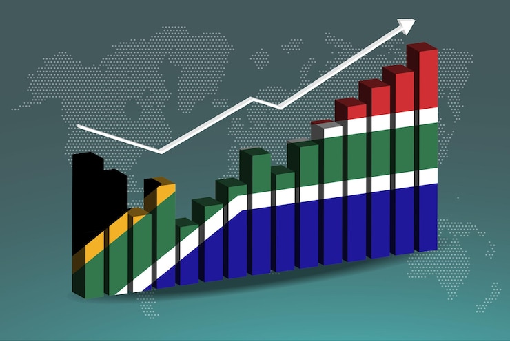 Vector gráfico de gráfico de barras 3d de sudáfrica con altibajos valores crecientes flecha ascendente ascendente en los datos