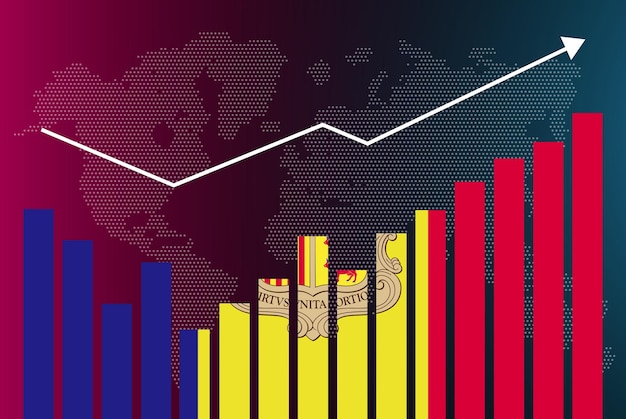 Vector gráfico de gráfico de barras de andorra con altibajos, valores crecientes, bandera del país de andorra en gráfico de barras