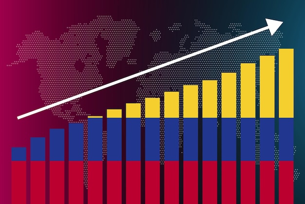 Gráfico de gráfico de barras de Colombia, valores crecientes, concepto de estadísticas del país, bandera de Colombia en gráfico de barras