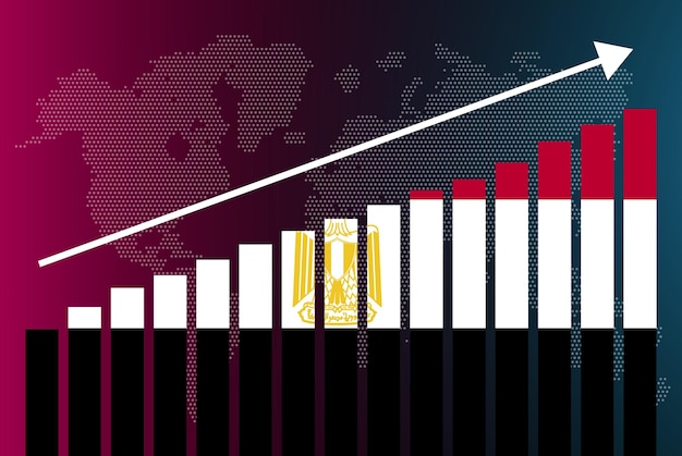 Gráfico de gráfico de barras de Egipto, valores crecientes, concepto de estadísticas de país, bandera de Egipto en gráfico de barras