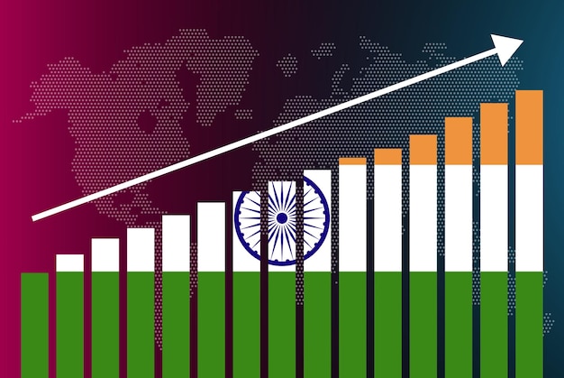 Gráfico de gráfico de barras de India, valores crecientes, concepto de estadísticas de país, bandera de India en gráfico de barras