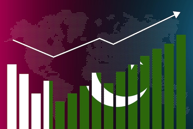Gráfico de gráfico de barras de pakistán con altibajos, valores crecientes, bandera del país de pakistán en el gráfico de barras