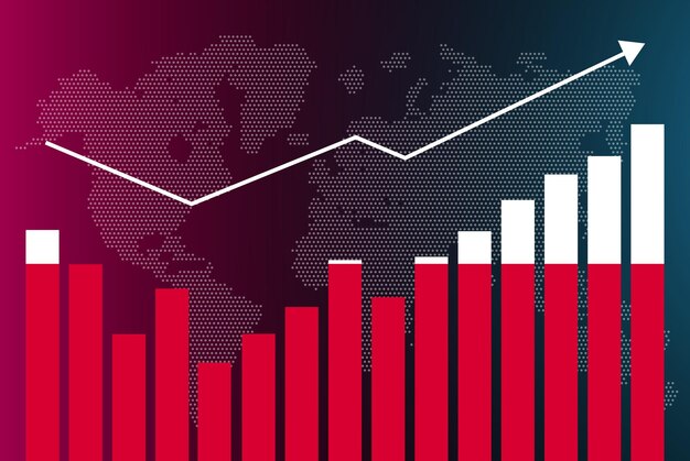 Vector gráfico de gráfico de barras de polonia con altibajos, valores crecientes, bandera del país de polonia en el gráfico de barras