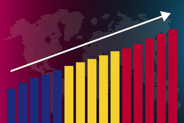 Gráfico de gráfico de barras de Rumania, valores crecientes, concepto de estadísticas del país, bandera de Rumania en gráfico de barras