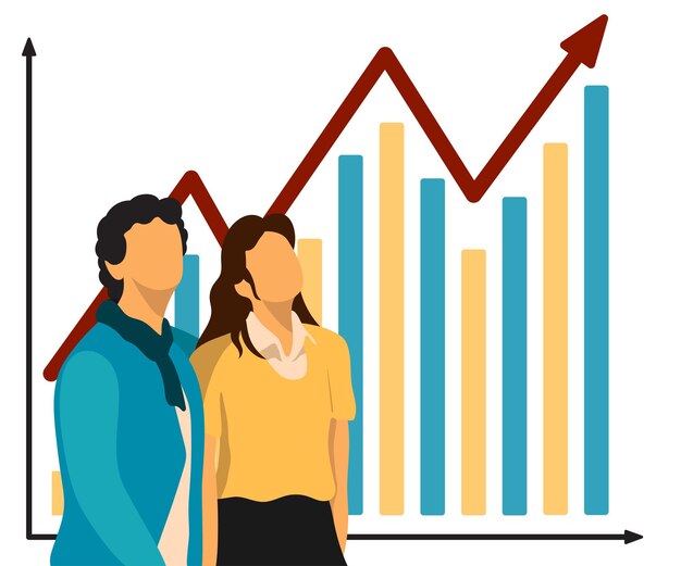 Gráfico gráfico en el contexto de la familia. Corredor que analiza las ganancias del mercado de valores. arriba con una flecha