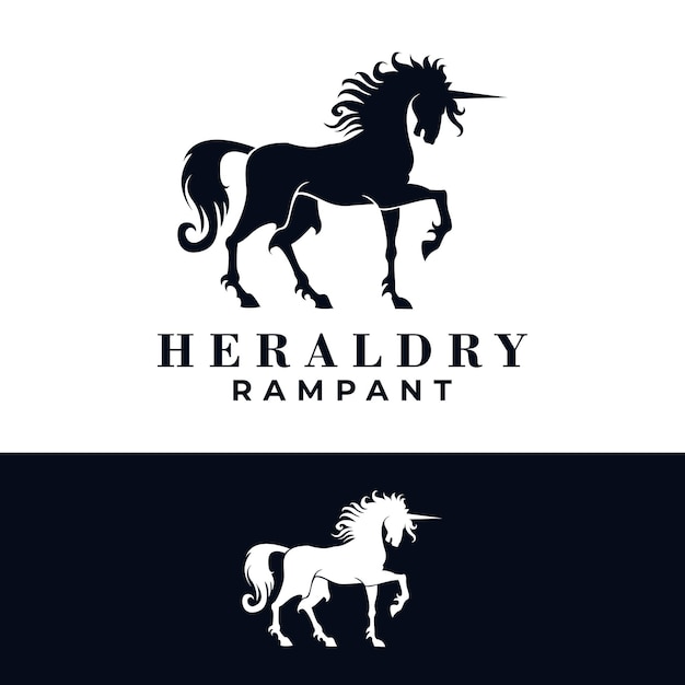 gráfico de heráldica de la antigua plantilla de vector de animal desenfrenado de lujo heráldico de caballo con cuernos.