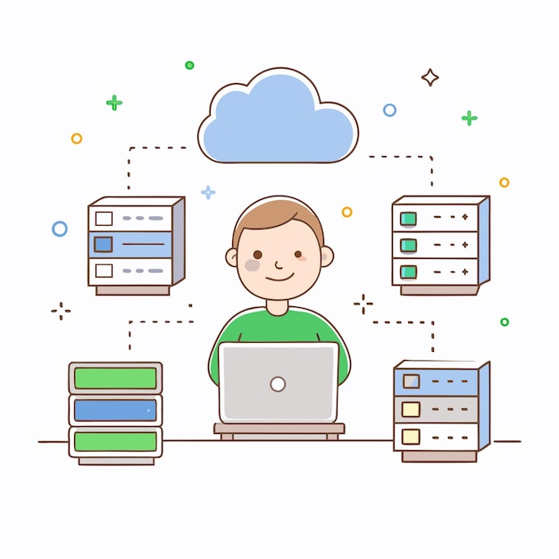 un gráfico de un hombre trabajando en una computadora portátil con una nube en el fondo