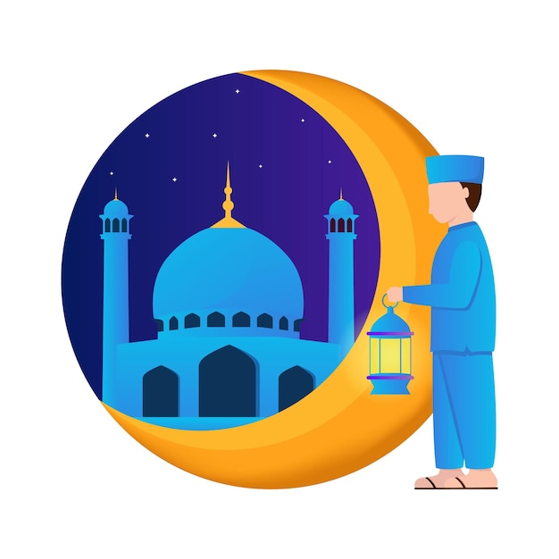Gráfico de ilustración vectorial de musulmanes sosteniendo una linterna al lado de la mezquita