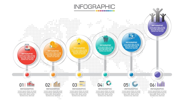 Gráfico de infografía con concepto de negocio, se pueden utilizar 6 opciones para el concepto de negocio con 6 pasos.