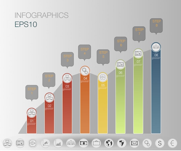 Gráfico de infografías, pasos de negocios, gráfico de finanzas + icono de conjunto. Plantilla de infografía