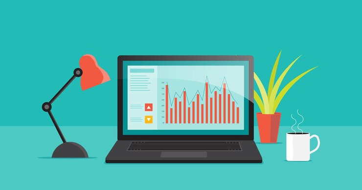 Vector gráfico de inversión de finanzas empresariales en el monitor de la computadora portátil con concepto de mesa de espacio de trabajo de la oficina en el hogar