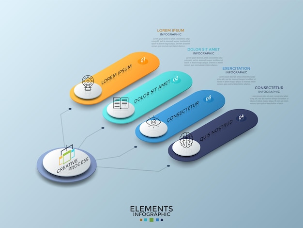 Gráfico isométrico con 4 elementos redondeados numerados de colores conectados al círculo blanco principal. concepto de cuatro características empresariales. plantilla de diseño de infografía creativa. ilustración vectorial.