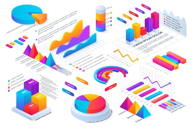 Gráfico isométrico y diagramas de negocios modernos Barras de datos 3D Líneas gráficas y números Diseño de línea de tiempo Presentación financiera Elementos de visualización Iconos gráficos de fondo vectorial