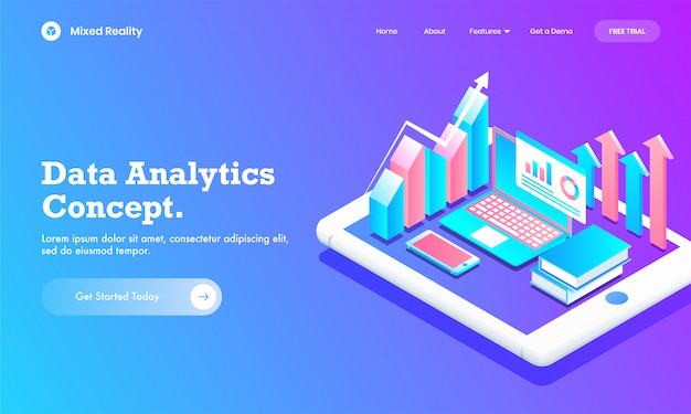 Gráfico isométrico gráfico infográfico con computadora portátil, libro y móvil en la pantalla de la tableta para el sitio web del concepto de análisis de datos o el diseño de la página de destino.