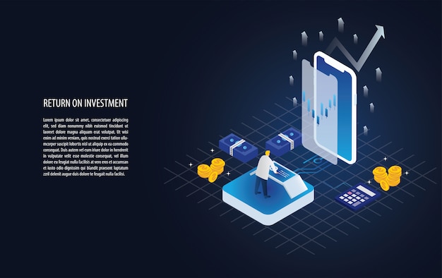 Gráfico isométrico de retorno de la inversión ROI y gráfico en un teléfono inteligente