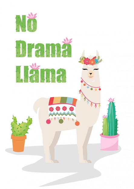 Gráfico de llama sin drama con corona de flores y cactus.