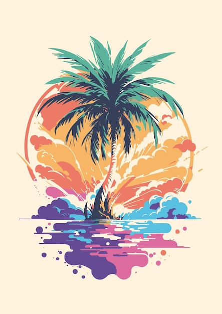 gráfico_logo_ilustración_palma_árbol_blanco_sólido_fondo_caída_sombra_vibrante_colores_vector_arte