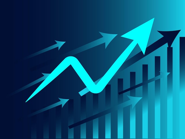 Gráfico de mercado de acciones vectoriales libres con flechas azules del crecimiento de las ventas de negocios