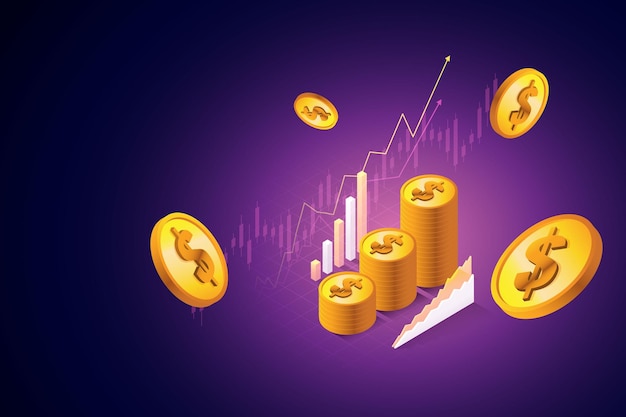 Gráfico de mercado de valores de crecimiento financiero de inversión empresarial pila de monedas isométrica ilustración vectorial