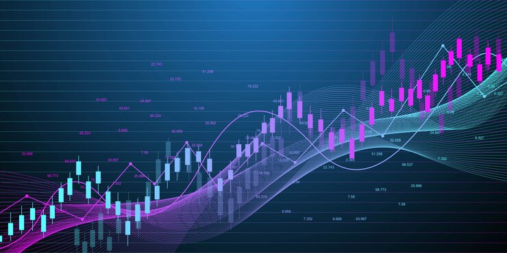 Vector gráfico del mercado de valores o gráfico de comercio de divisas para conceptos comerciales y financieros. inversión abstracta fondo financiero o idea de negocio de tendencias económicas. datos del mercado de valores.