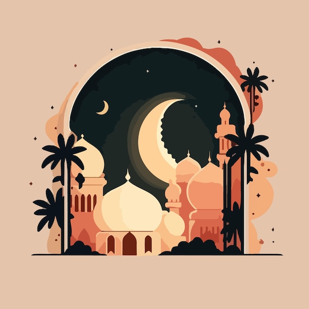 Un gráfico de una mezquita con una luna y palmeras.